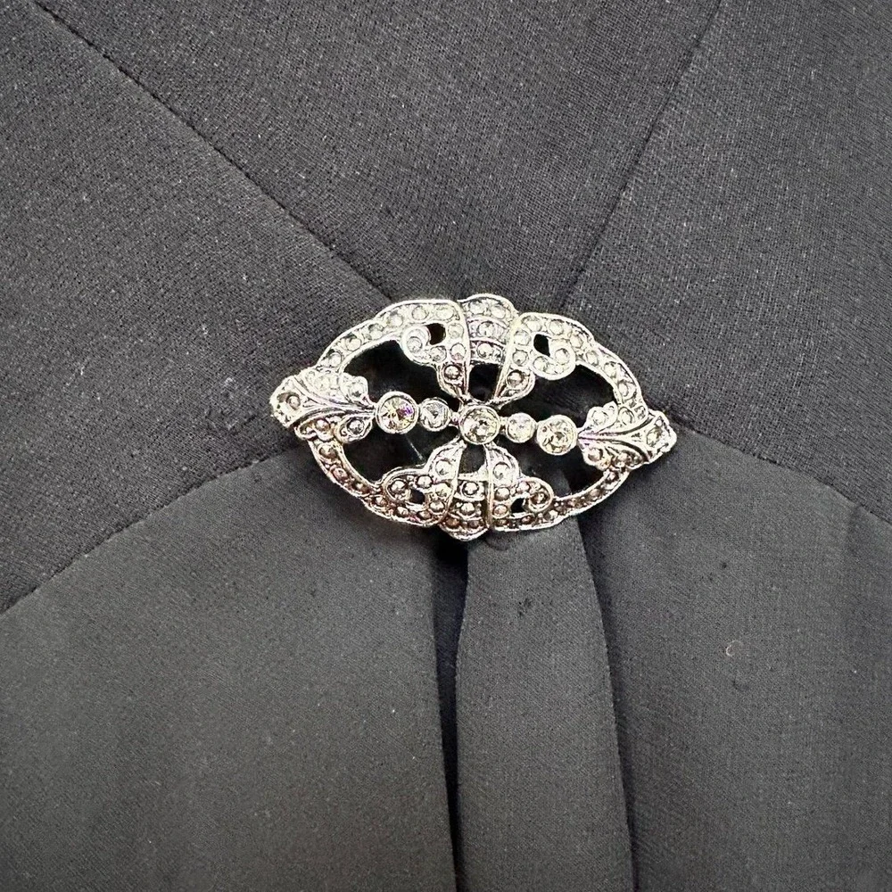 Jones Wear‎ Dress Black Flowey Cowl Neck Feminine Silver Brooch Cocktail Dress